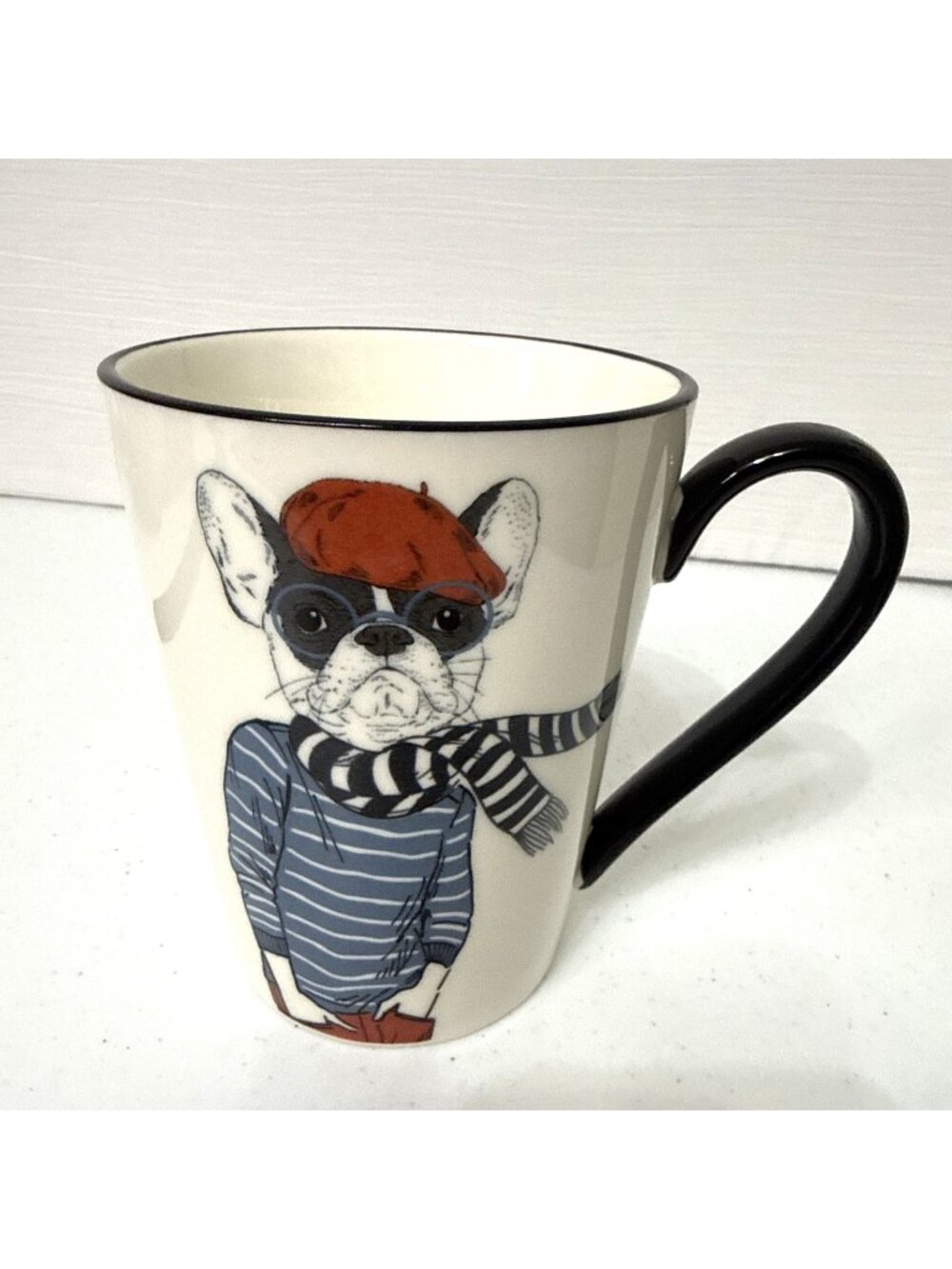 Hipster French Bulldog Mug Cup by Signature 16 oz. Striped Scarf Red Beanie Dog